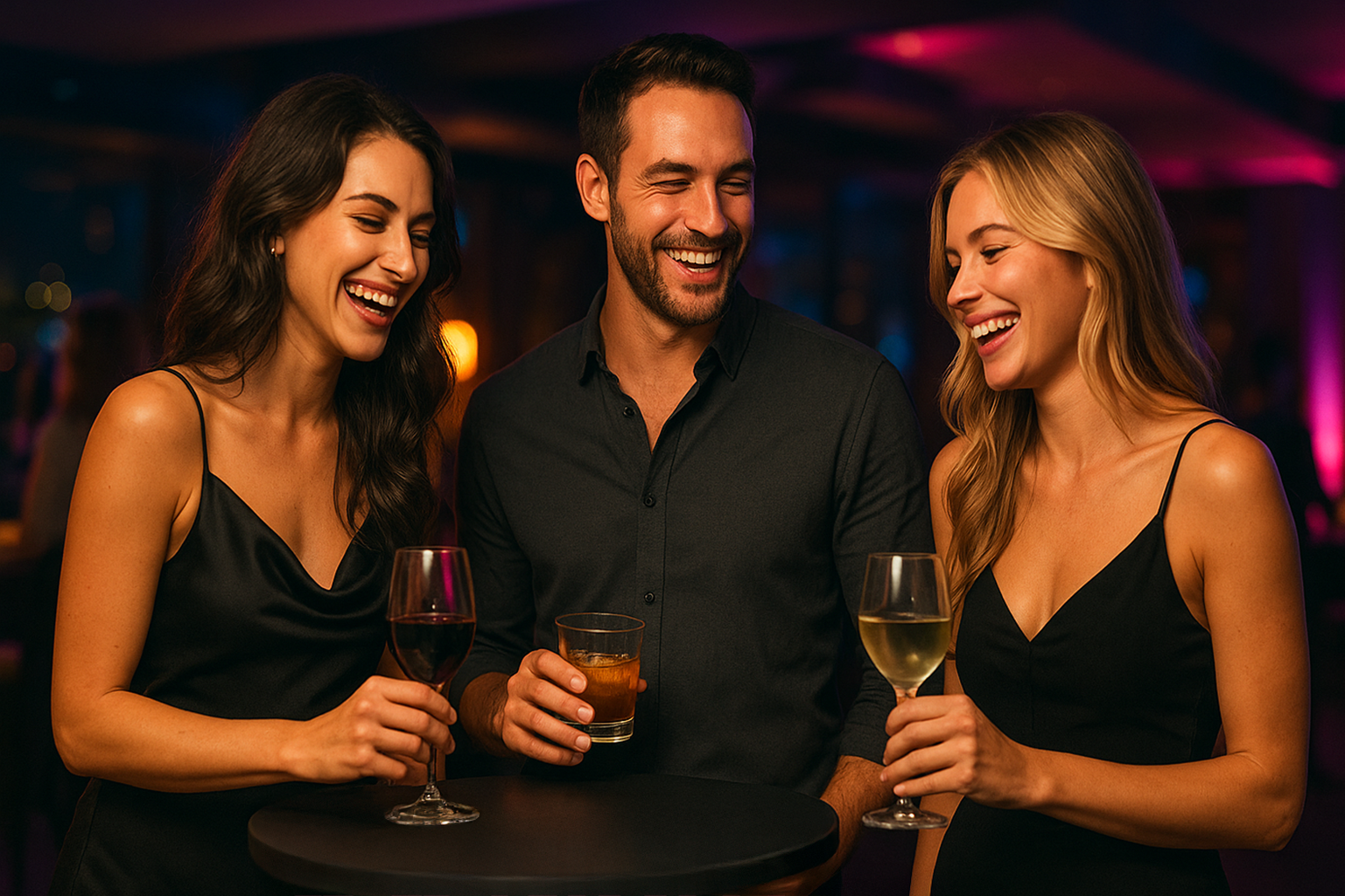 Group of singles laughing together at a lounge